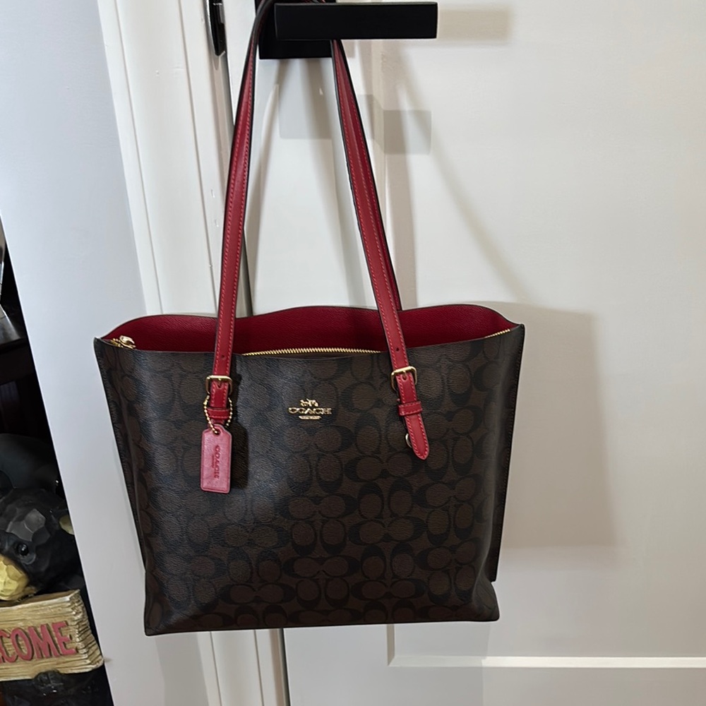 Coach Signature Brown and Red Tote Bag with Leather Accents